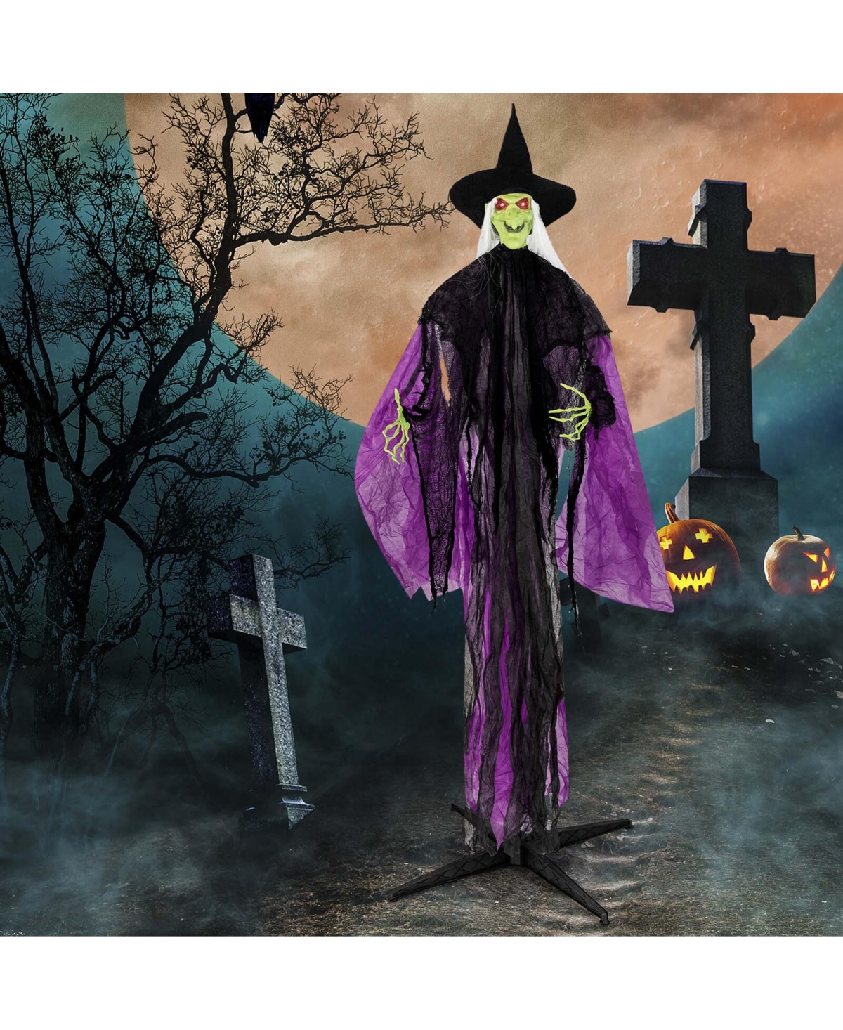 Costway 7.2 Ft Halloween Animatronic Witch with Light up Eyes Creepy Sounds & Movements - Purple