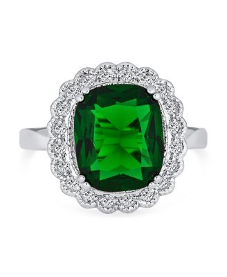Art Deco Style Rectangle Large Cubic Zirconia Solitaire Green Emerald Cut with CZ Halo 10CT Cocktail Statement Ring Silver Plated