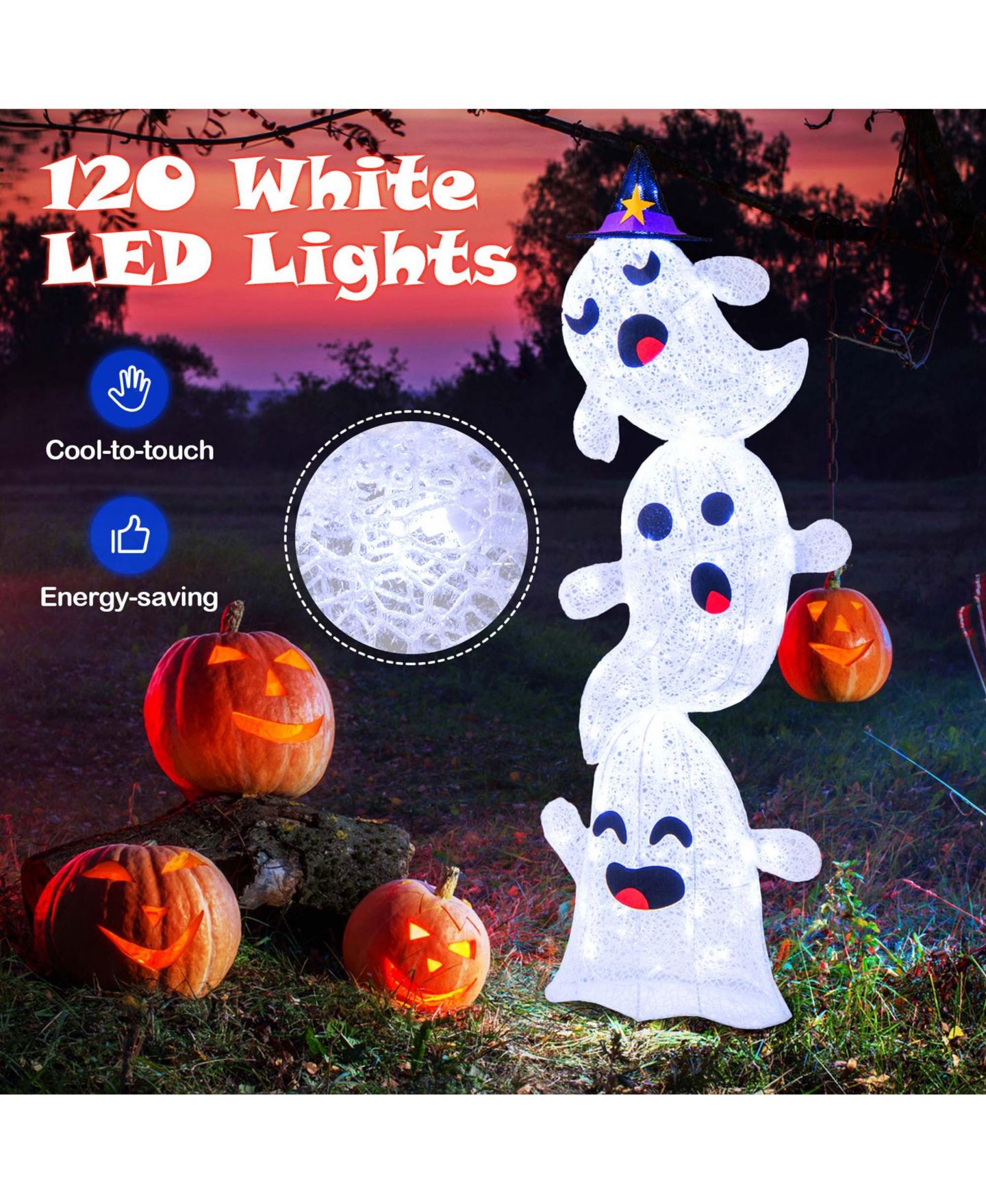 Детская игрушка Costway 4 FT Lighted Stacked Ghosts Standing Halloween Decoration with 120, цвет: Белый — фото 2