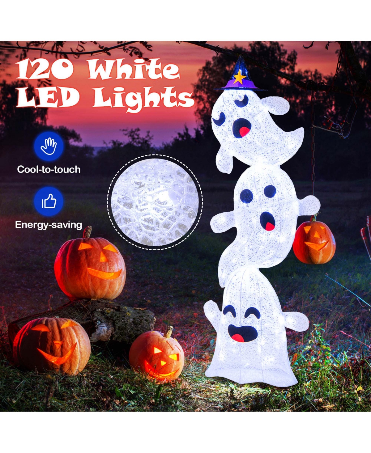 4 Ft Lighted Stacked Ghosts Standing Halloween Decoration with 120 Led Lights and 4 Metal Ground Stakes