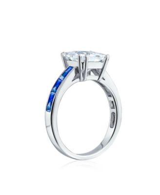 Classic 3CT CZ Square Princess Cut Promise Ring Cubic Zirconia Blue Channel Set Baguette Band Sterling Silver