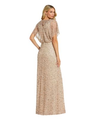 Women's Short Sleeve Beaded Blouson A-line Gown