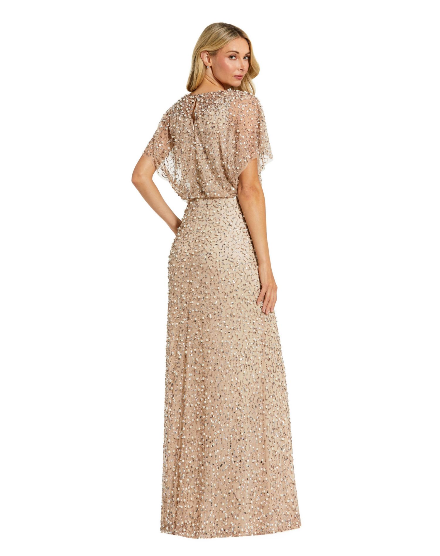 Women's Short Sleeve Beaded Blouson A-line Gown