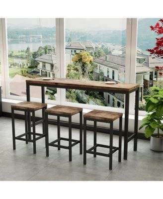 Modern Long Dining Table Set with 3 Stools and Metal Frame, Easy Assembly