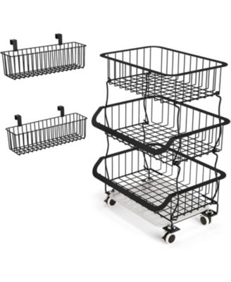 3 Tier Stackable Metal Wire Utility Rack with Rolling Wheels and 2 Free Baskets for Kitchen Pantry Garage Basket Cart