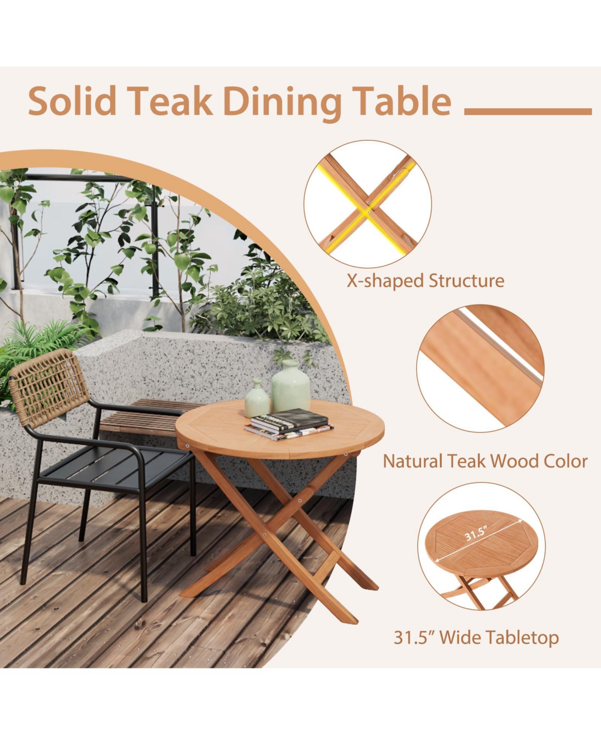 Gymax 3PCS Outdoor Indonesia Teak Wood Bistro Dining Set Folding Chair & Table Slatted Patio