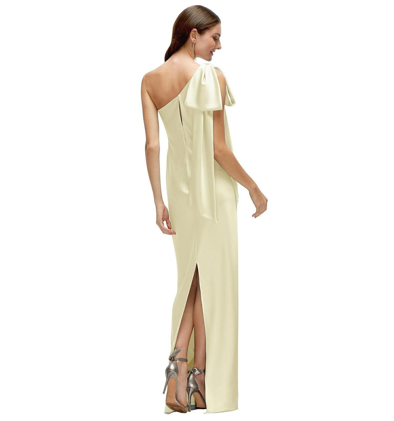 Women's One-Shoulder Bias-Cut Satin Maxi Dress with Cascading Shoulder Bow