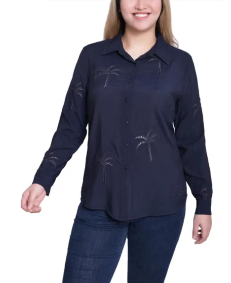 Petite Long Sleeve Palm Tree Top - Navy
