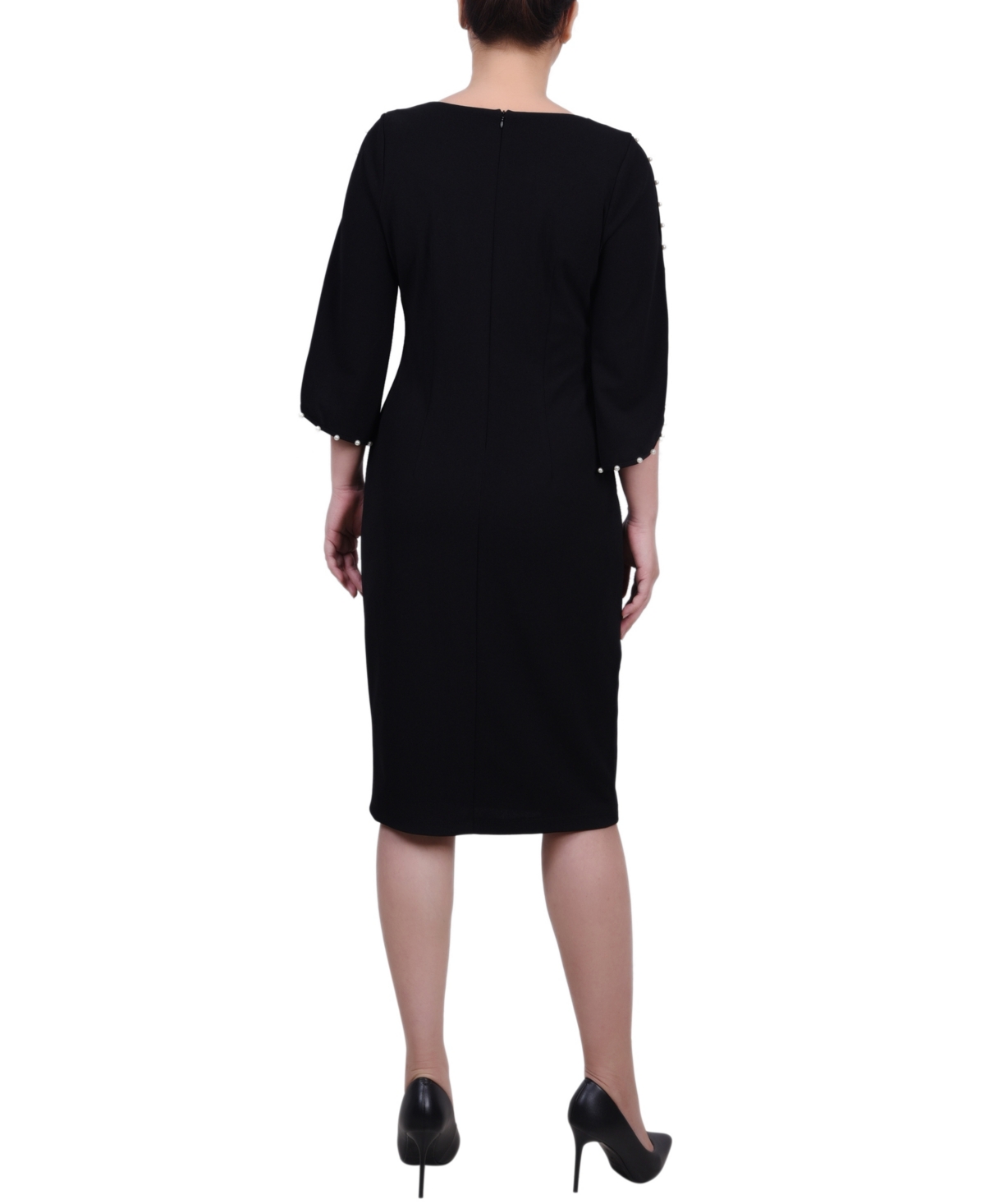 Ny Collection Petite 3/4 Cultivated Pearl-detail Petal Sleeve Dress In Black
