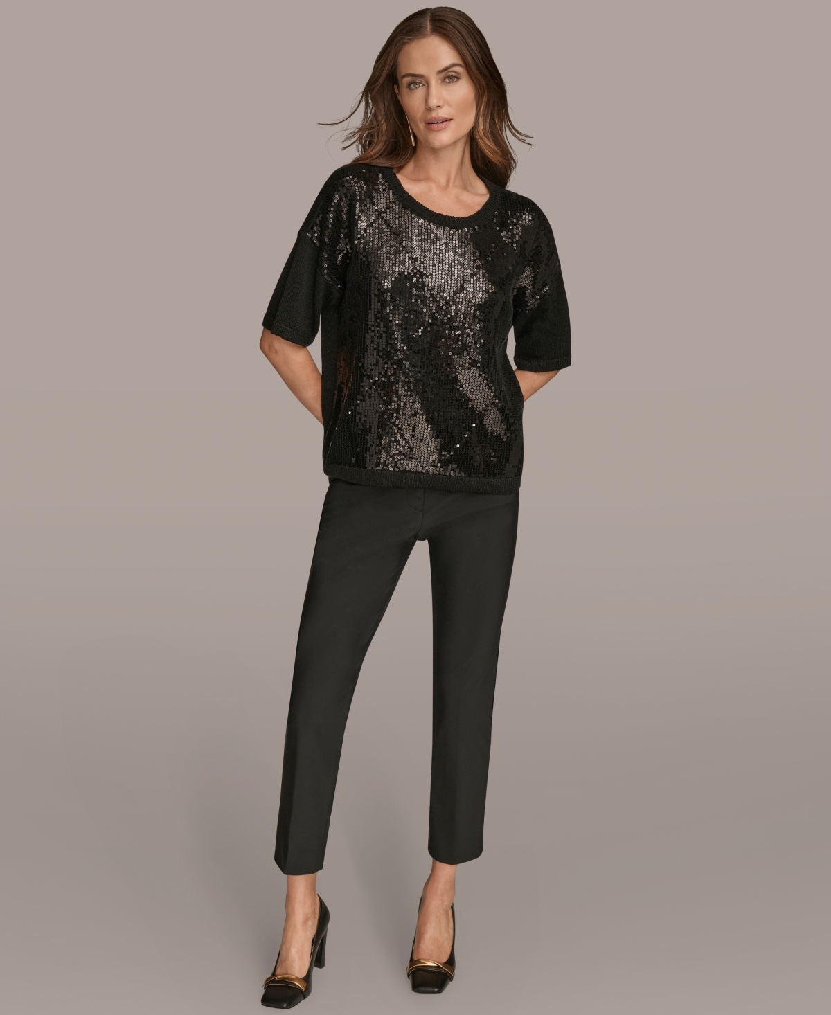 Donna Karan New York Short Sleeve Sequin Sweater In Black