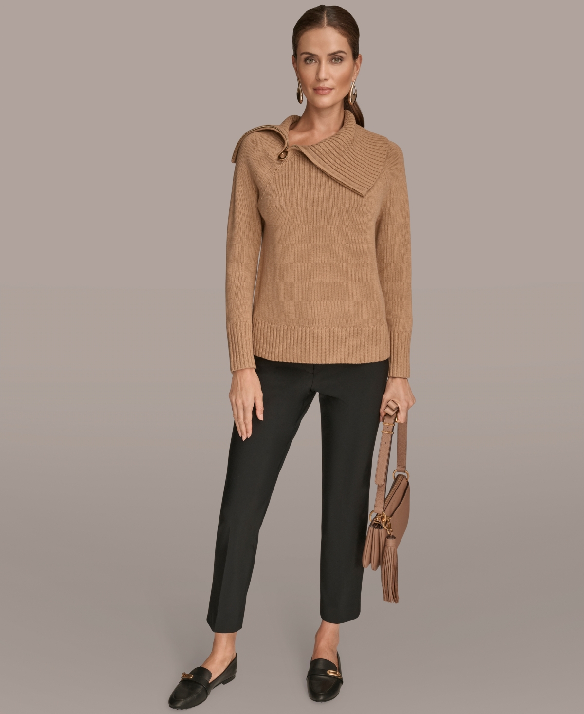 Donna Karan New York Asymmetric Zip Collar Sweater In Brown