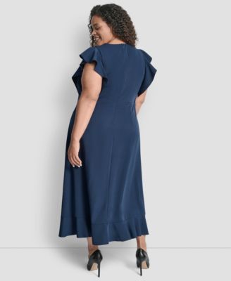 Plus Size V-Neck Ruffle Sleeve Midi Dress