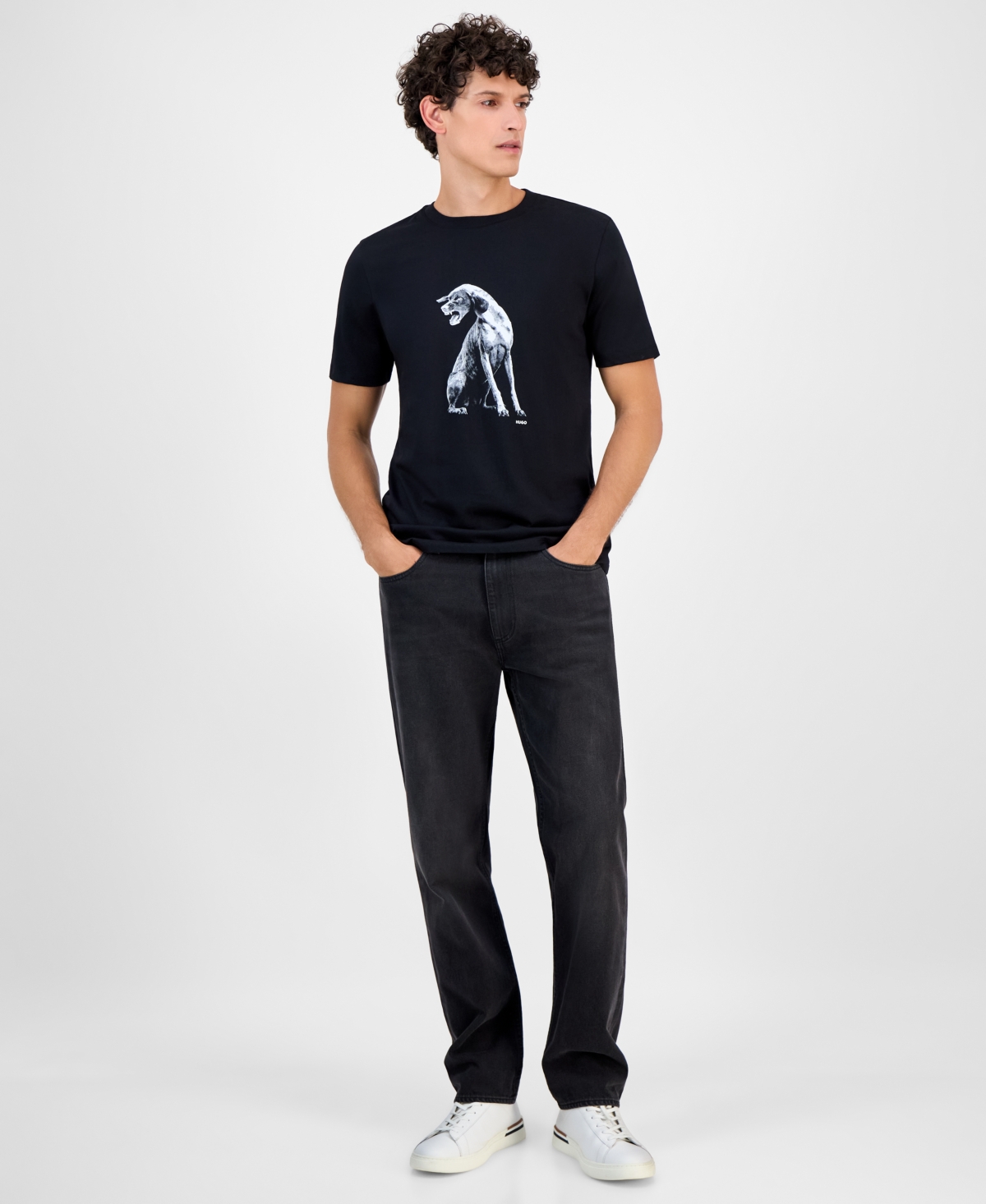Hugo Boss Mens Dog-print Short-sleeved Cotton-jersey T-shirt Black In Black