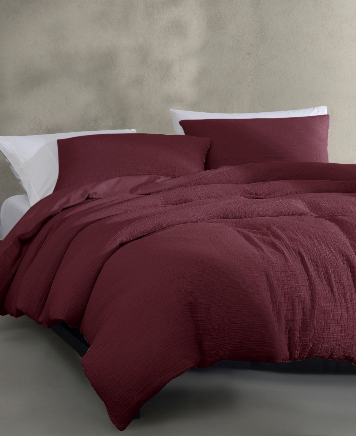 Calvin Klein Washed Texture Solid Cotton Jacquard 3 Piece Duvet Cover Set, Queen In Burgundy