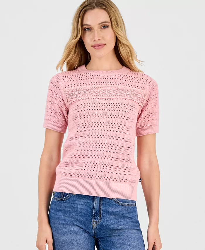 Nautica Women's Cotton Lace-Front Short-Sleeve Sweater