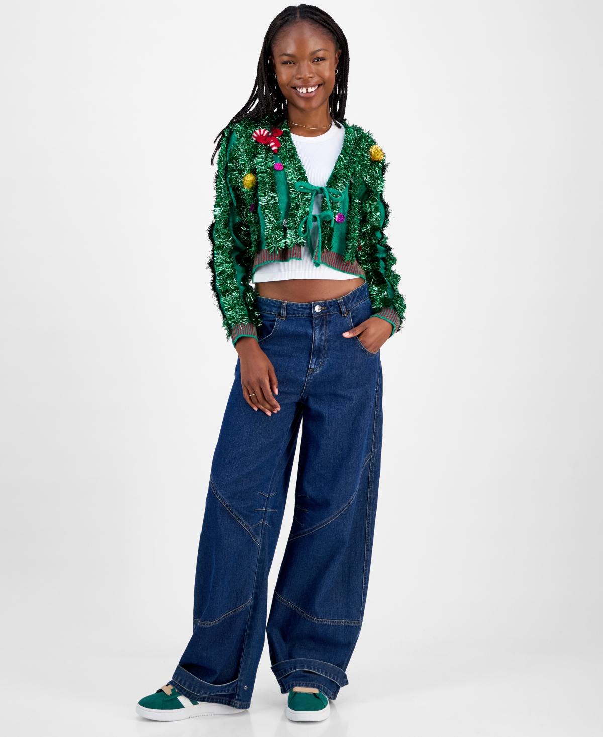 Hooked Up By Iot Juniors' Tinsel Cardigan Sweater In Green