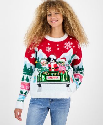Hooked Up by IOT - Juniors' Merry Dogs Car Ride Sweater