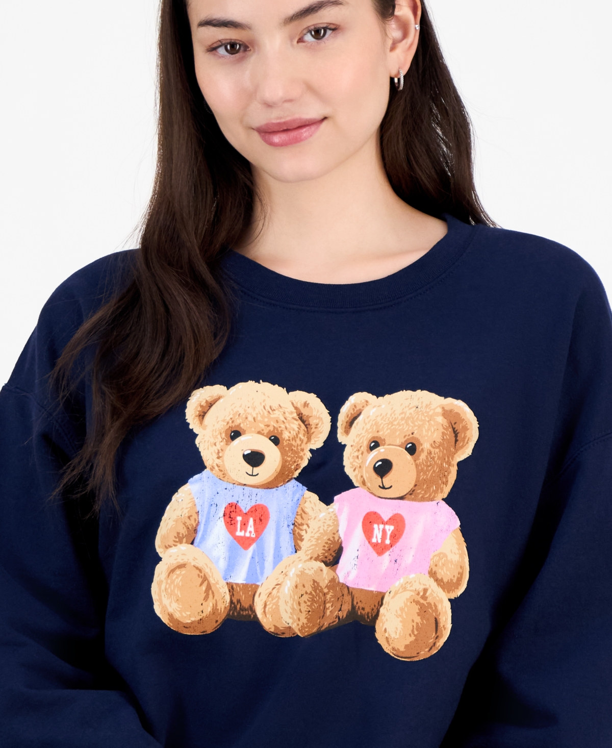 Love Tribe Juniors' Teddy Bear Nyc & La Graphic Sweatshirt In Blue