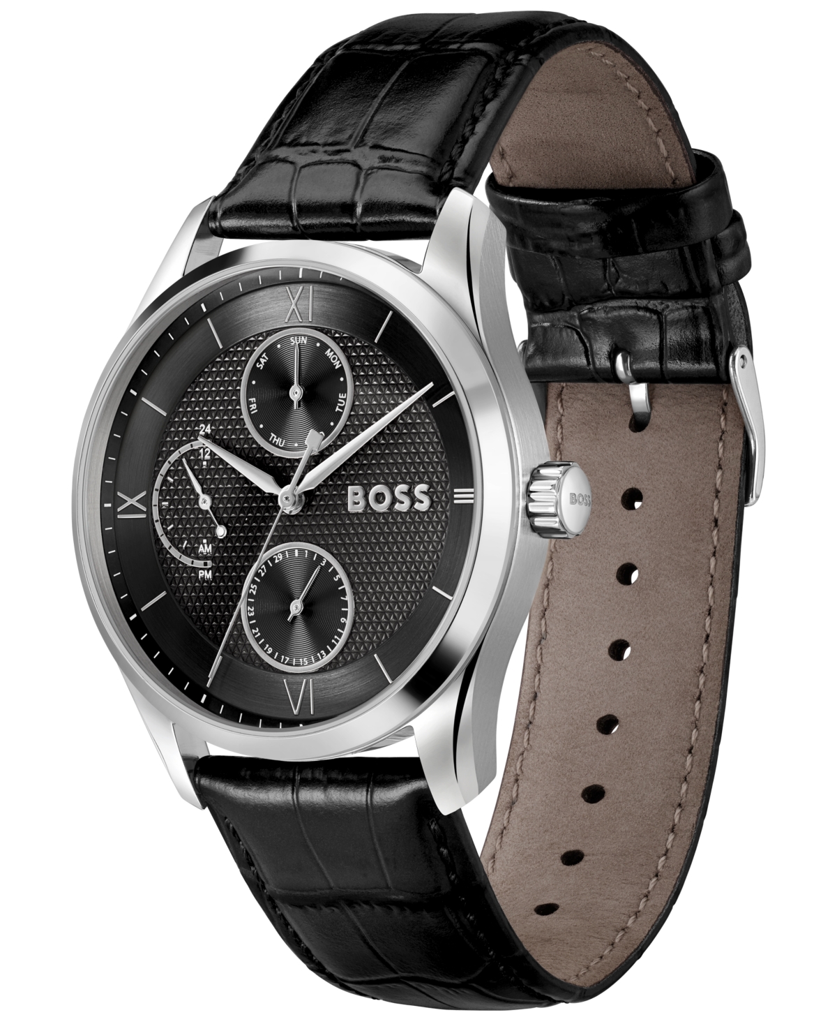 Hugo Boss Men's Principle Master Quartz Multifunction Black Calfskin Watch, 41mm In Black