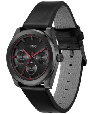 Men's Bright Sport Quartz Multifunction Black Calfskin Watch, 42mm