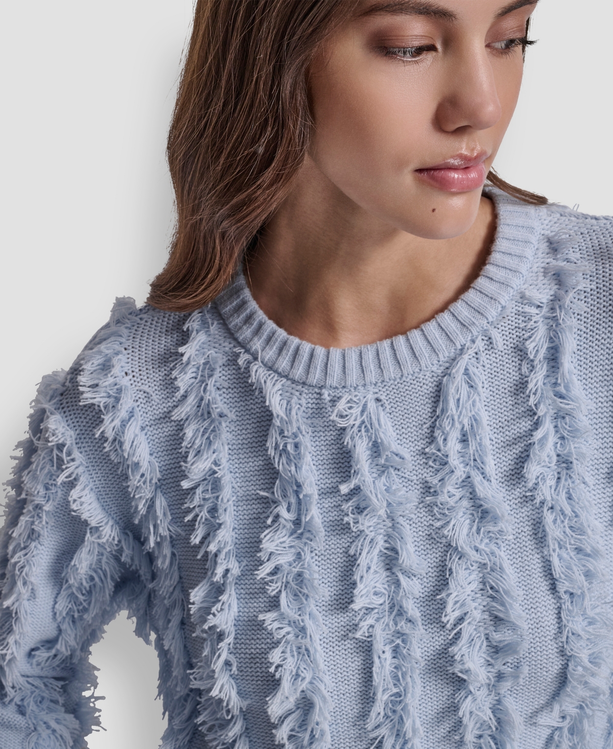 Dkny Jeans Petite Fringe Crewneck Sweater In Blue