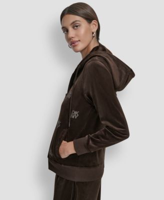 Petite Logo Detail Velour Zip-Up Hoodie