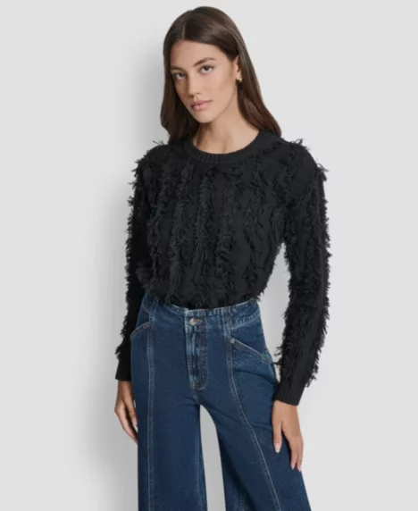 Petite Fringe Crewneck Sweater - Black
