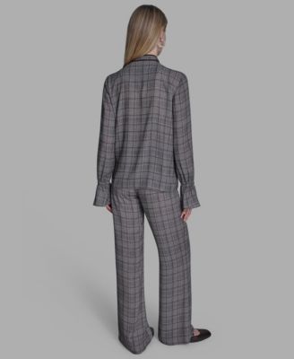 Women's Plaid Long Sleeve Tie Neck Top