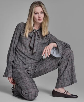 Women's Plaid Long Sleeve Tie Neck Top