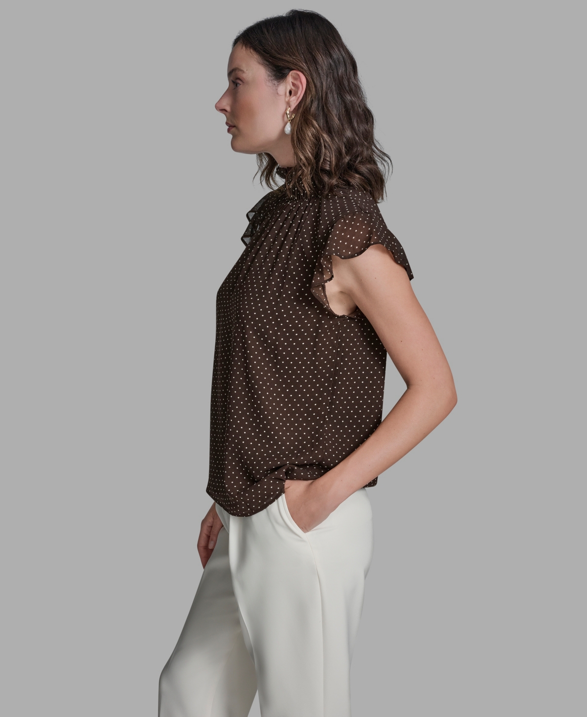 Bcbg Women's Polka Dot Mock Neck Blouse In Brown