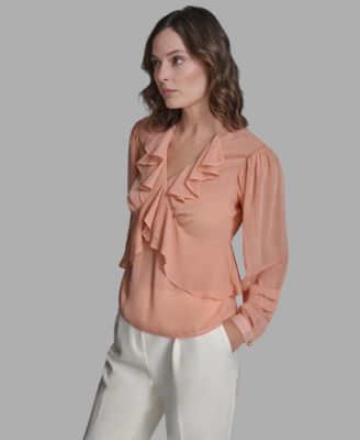 Women's Long Sleeve Ruffle V-Neck Blouse