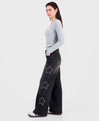 Juniors' 90s Wide-Leg Star Studded Jeans 