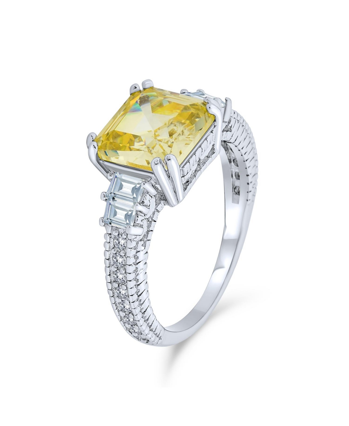 Bling Jewelry Art Deco Style 2CT Yellow Cubic Zirconia Square Asscher Cut Promise Ring Cz Baguettes Side Stone Sterling Silver