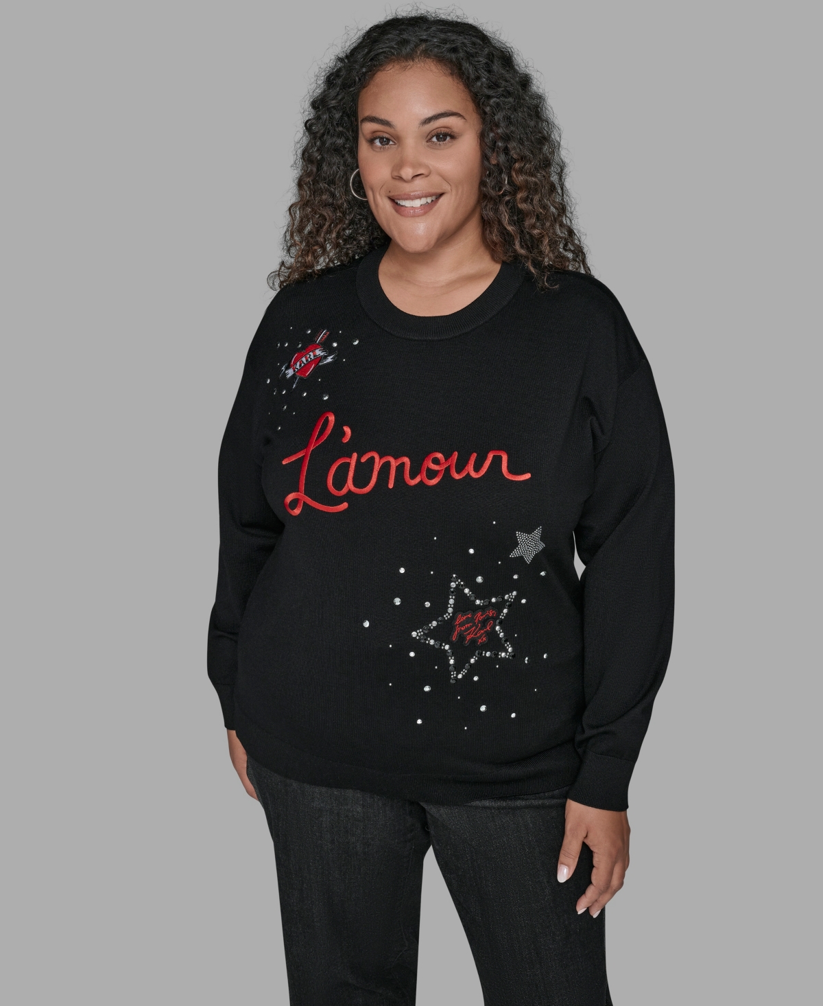 Karl Lagerfeld Plus Size Embellished Amour Sweater In Black