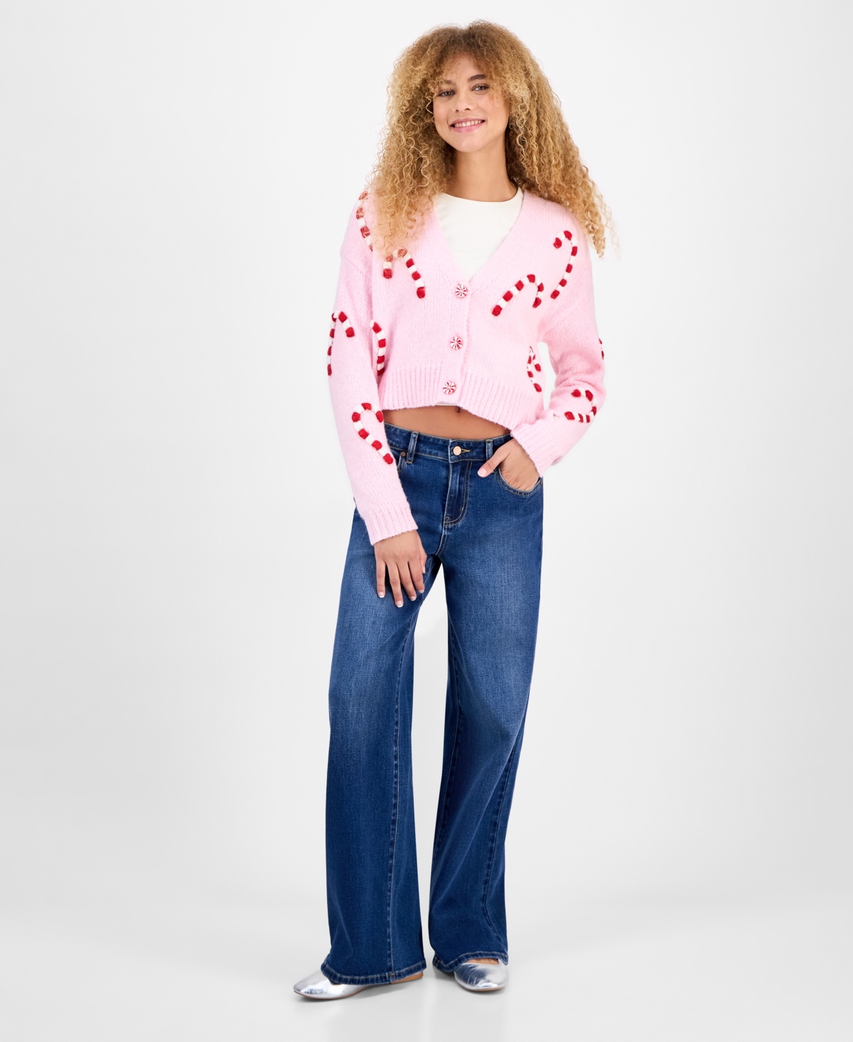 Planet Heart Juniors' 3d Candy Cane Cropped Cardigan In Pink