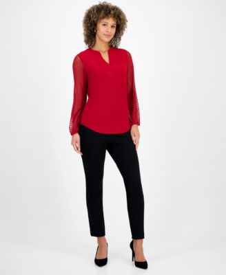 Women's Split-Neck Long-Dot-Sleeve Blouse, Regular & Petite