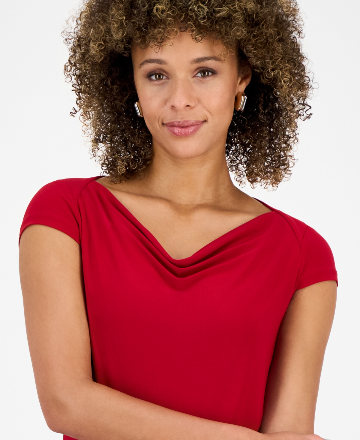 Kasper Petite Cowlneck Cap-sleeve Top In Red
