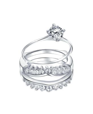 Solitaire Round Cubic Zirconia Promise  Ring Band Set CZ Guard Enhancers Sterling Silver