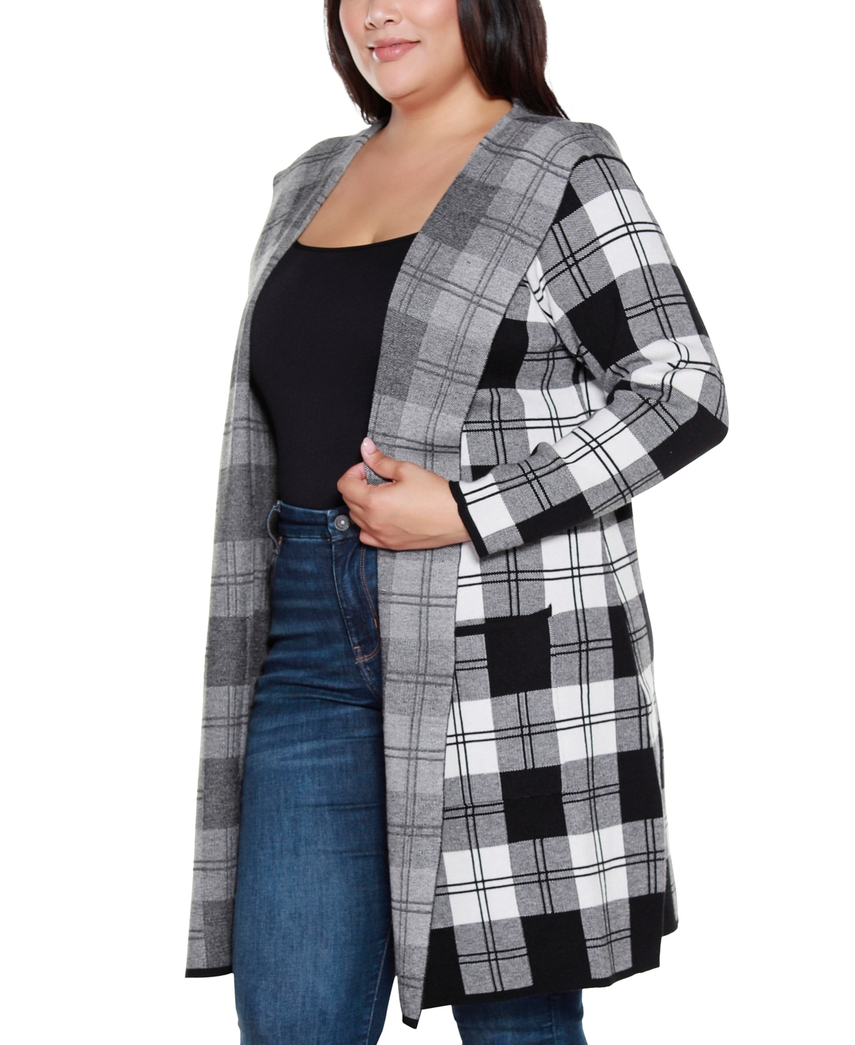 Belldini Plus Size Hooded Checkered Plaid Cardigan Sweater In Black