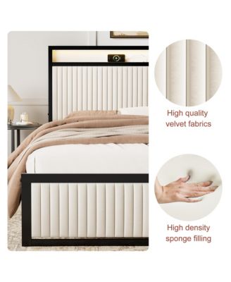 Full Size Velvet Upholstered Bed Frame with LED Headboard, 2 Drawers, Charging Station