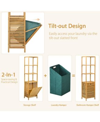 Bathroom Tilt-out Laundry Hamper Bamboo Tower Hamper w/3-Tier Shelves