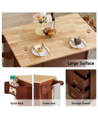 53.8" Rolling Kitchen Island with Drop Leaf, Storage Cabinet, 3 Drawers & Wood Top, Mobile Kitchen Cart on Wheels