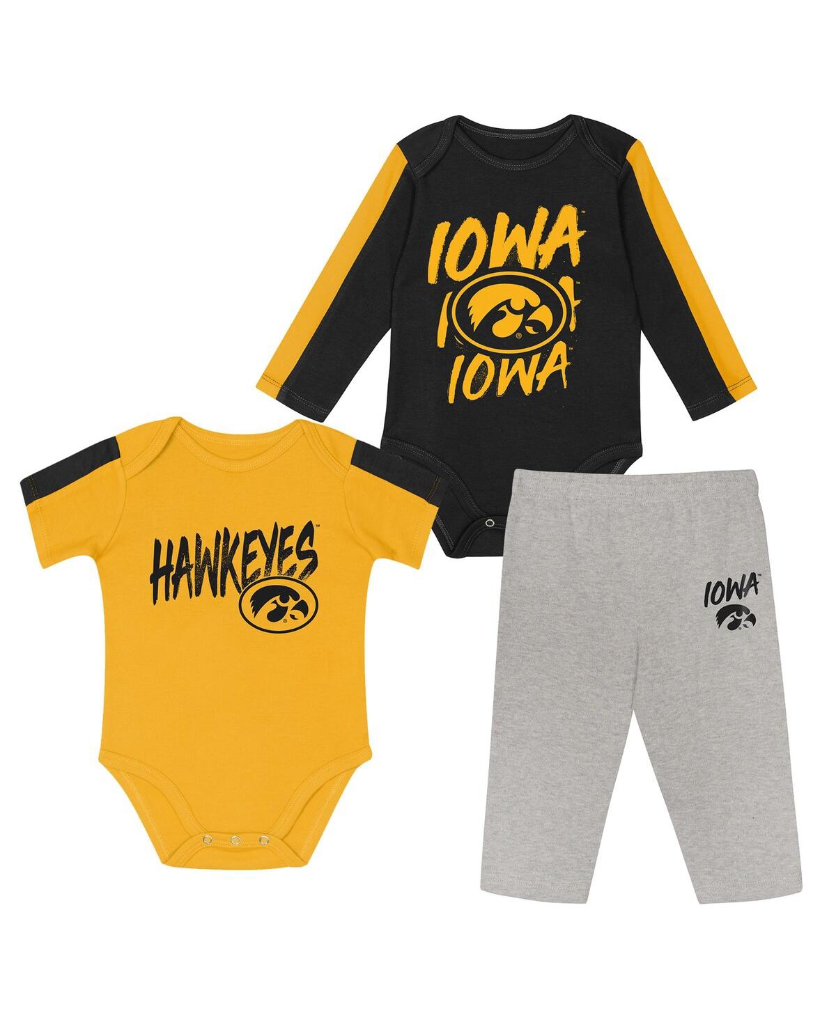 Outerstuff Baby Boys And Girls 3-piece Black/gold Iowa Hawkeyes Double Down Creeper And Pants Set In Multi