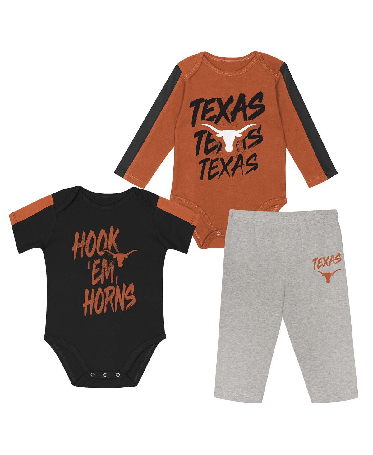 Outerstuff Baby Boys And Girls 3-piece Orange/black Texas Longhorns Double Down Creeper And Pants Set In Multi