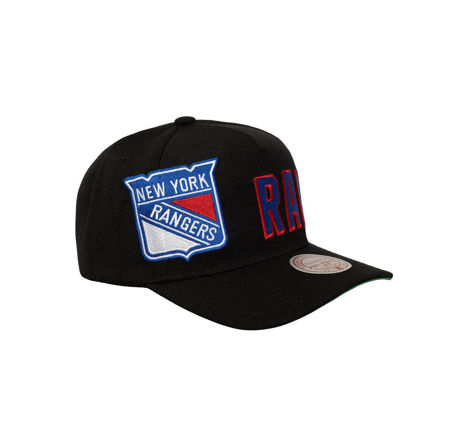 Men's Black New York Rangers Busted Logo Wordmark Wrap-Around Pro Pinch Adjustable Hat