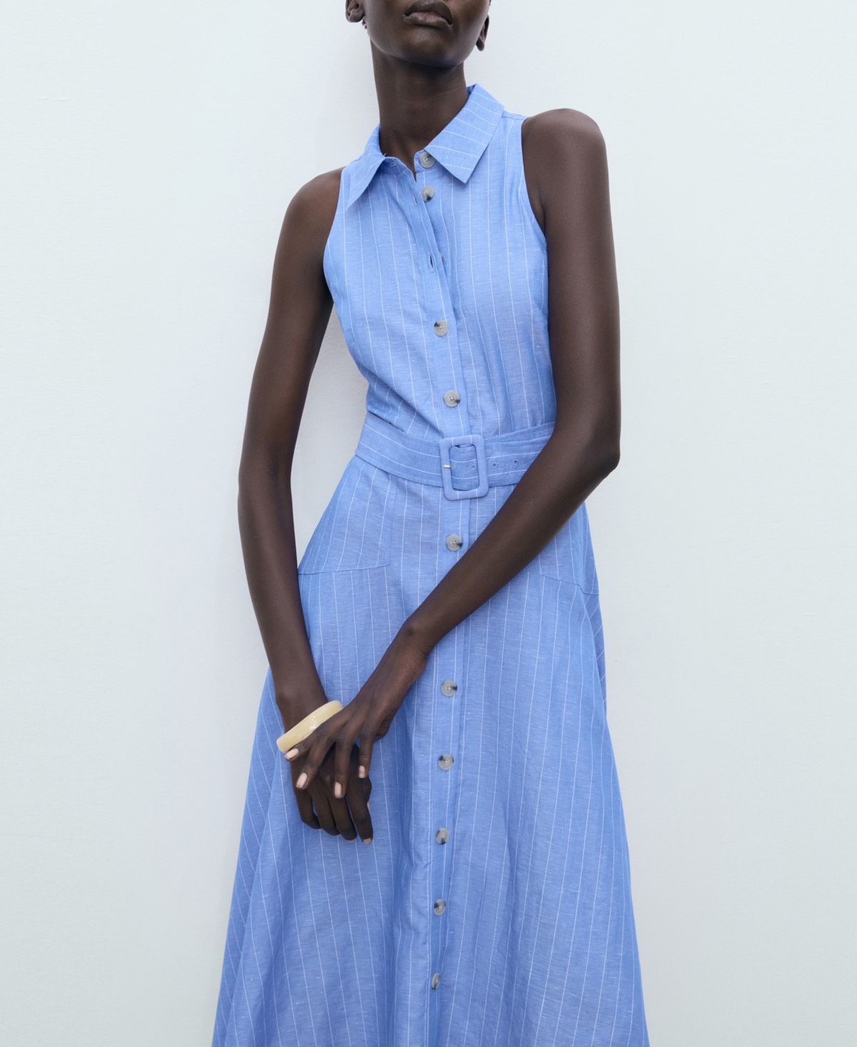 Mango Pinstripe Sleeveless Cotton & Linen Blend Shirtdress In Blue
