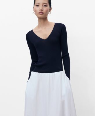 MANGO - Women's V-Neck Ribbed Knit Sweater