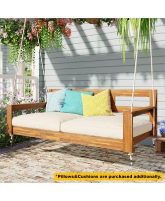 81 Inch Acacia Wood Twin Size Porch Swing Daybed with Hemp Ropes