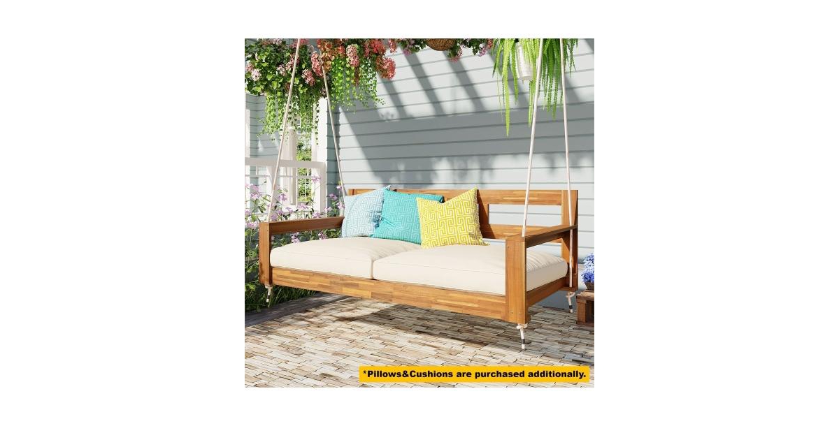 Flynama 81 Inch Acacia Wood Twin Size Porch Swing Daybed with Hemp Ropes