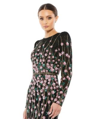 Women's Floral Embellished Mesh Gown with High Neck & Sheer Long Sleeves